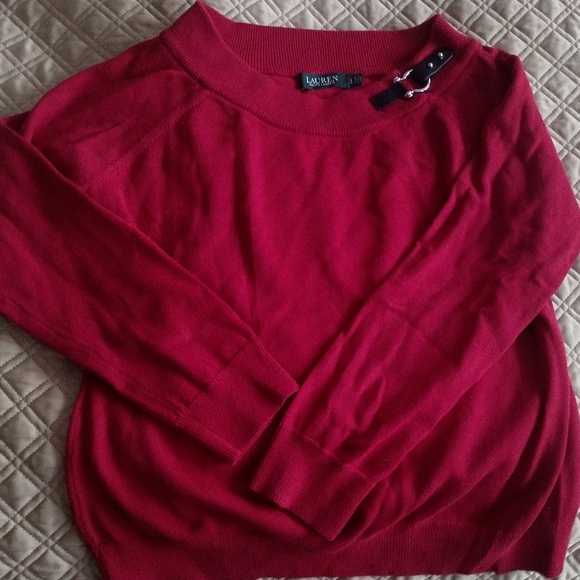 2/$30 Lauren Ralph Lauren Women's Cotton Red Sweater with Buckle Detail - Picture 5 of 6